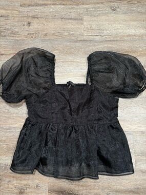 English Factory Black Puff-Sleeve Peplum Blouse